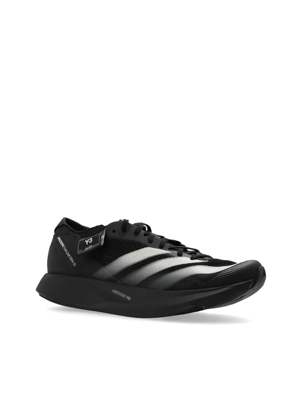 Black running sneaker with white diagonal stripes and cushioned sculpted sole