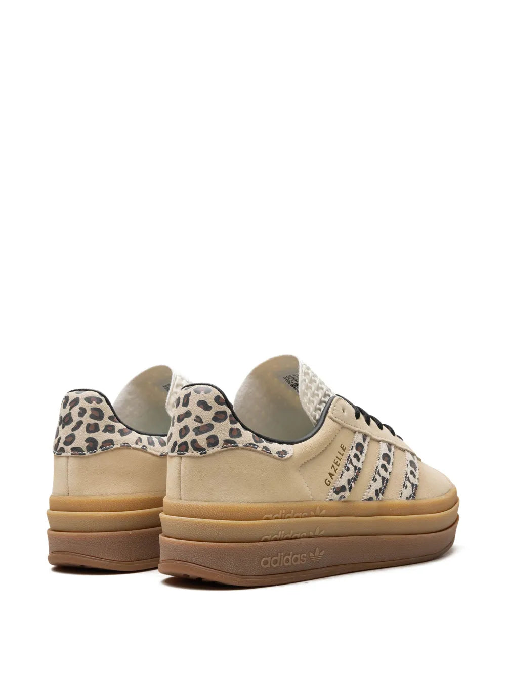 adidas Gazelle Bold sneakers, rear view with leopard heel trim and beige upper