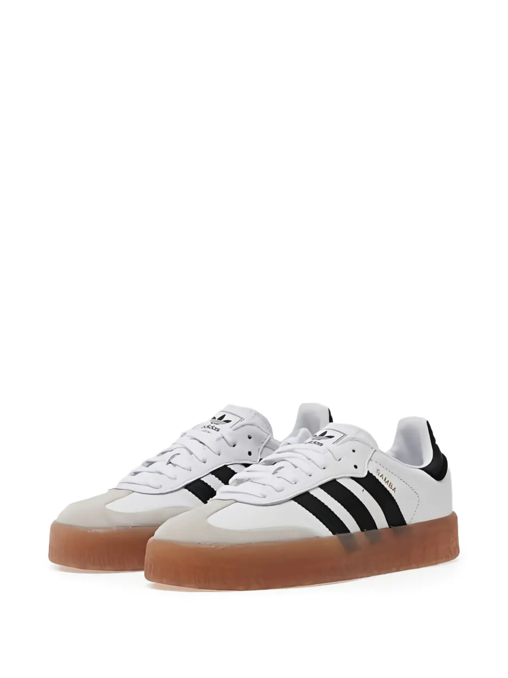 White low-top sneakers with black three-stripe design and brown gum soles