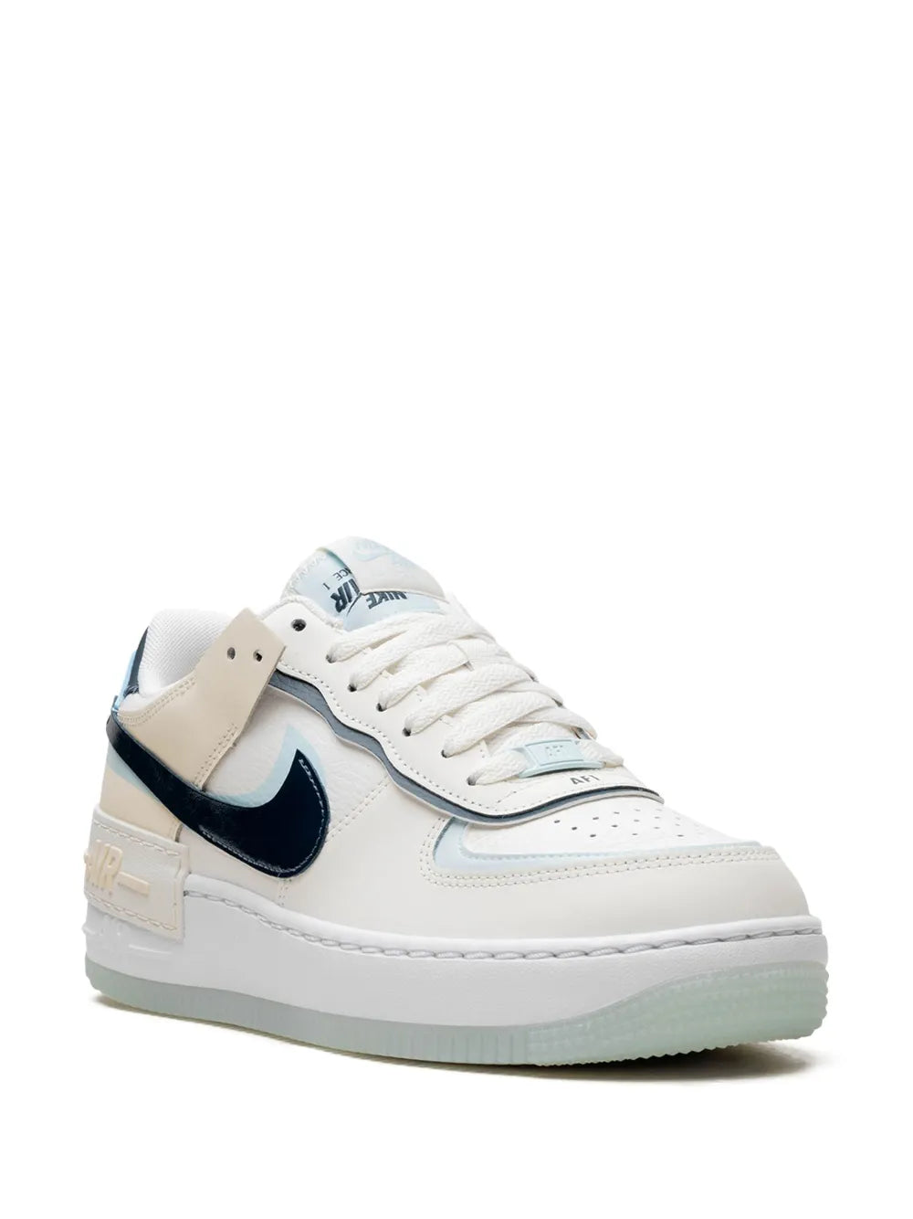 Nike Air Force 1 low-top sneakers, white with light-blue trim and navy swoosh