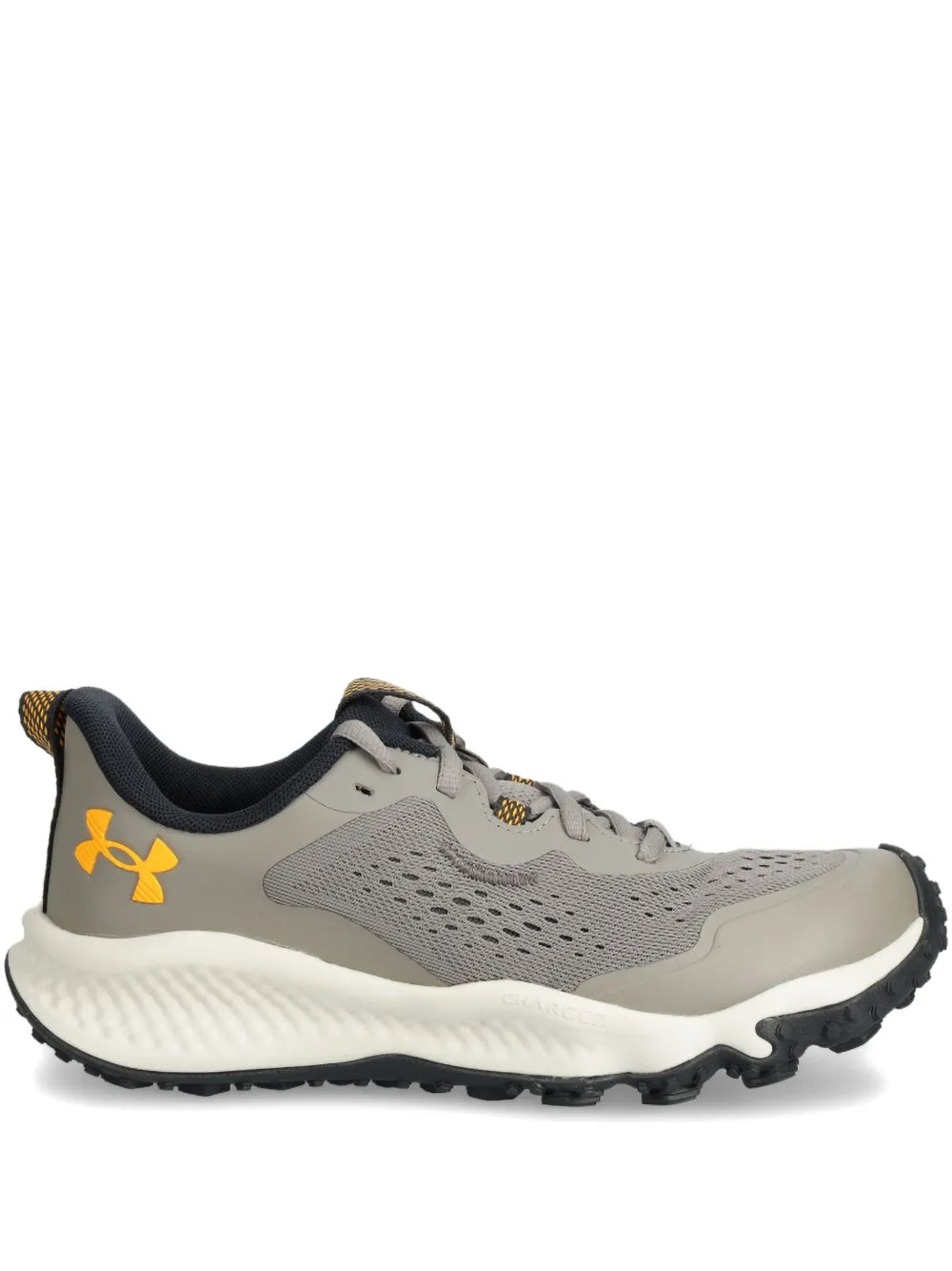 Under Armour trail running shoe, taupe mesh upper with black collar and orange logo