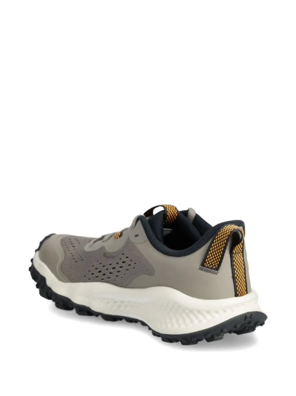 Under Armour trail running shoe, taupe side with yellow lace accents and dark heel lining