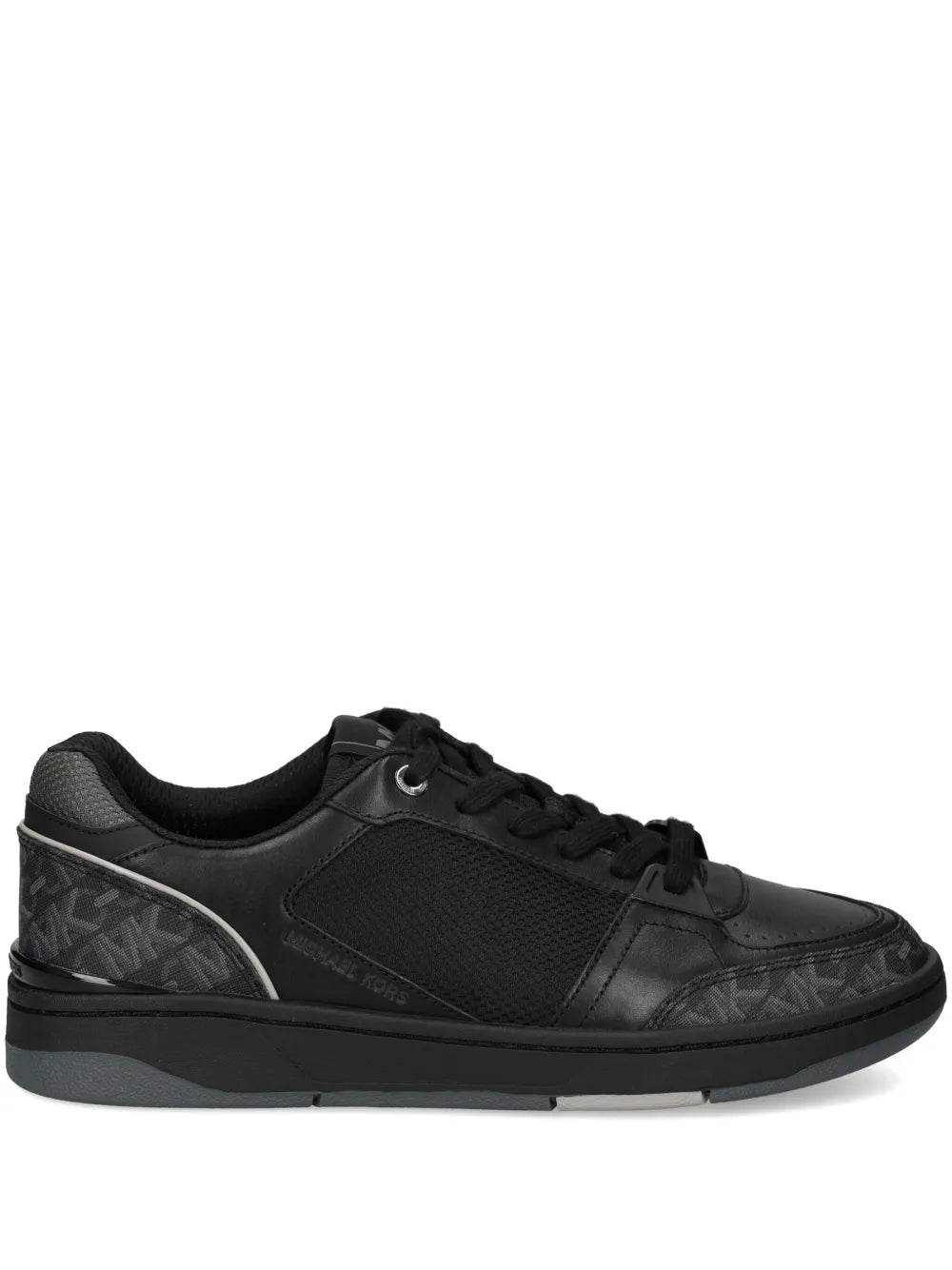 Black low-top lace-up sneakers with textured side panels and logo-print detail