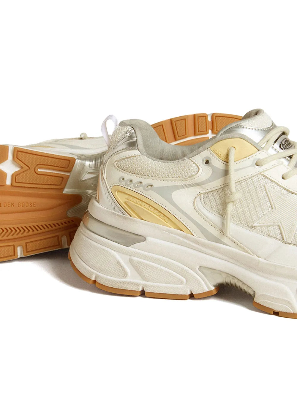 Golden Goose Lightstar sneakers, white upper with yellow trim and tan rubber outsole
