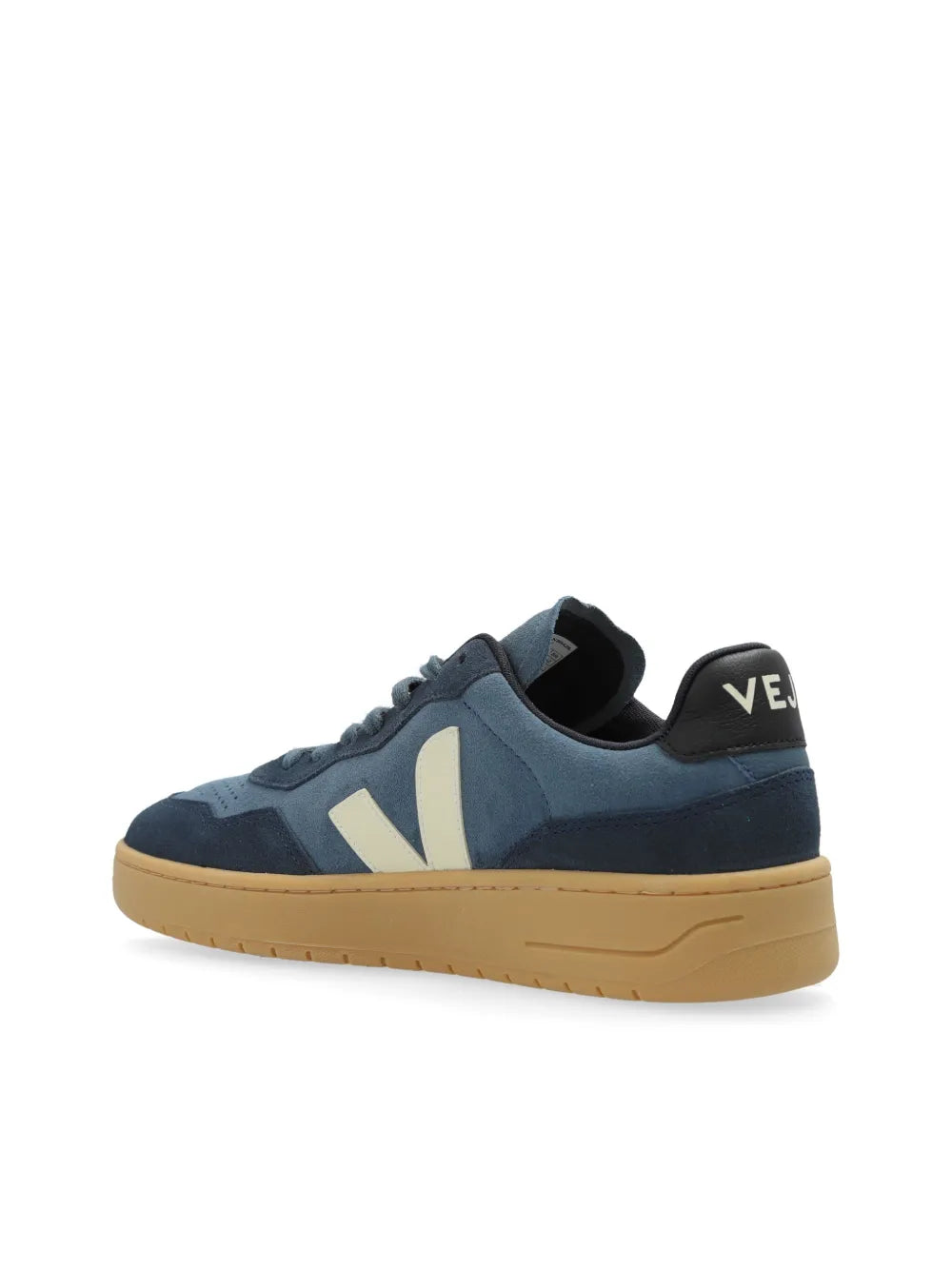 Blue suede low-top sneakers with white V logo and heel V-mark, tan sole