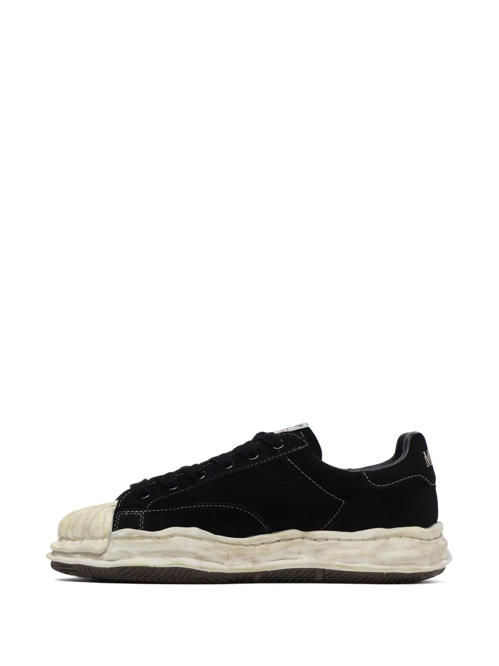 Black lace-up sneakers with off-white sole and stitched panel detailing