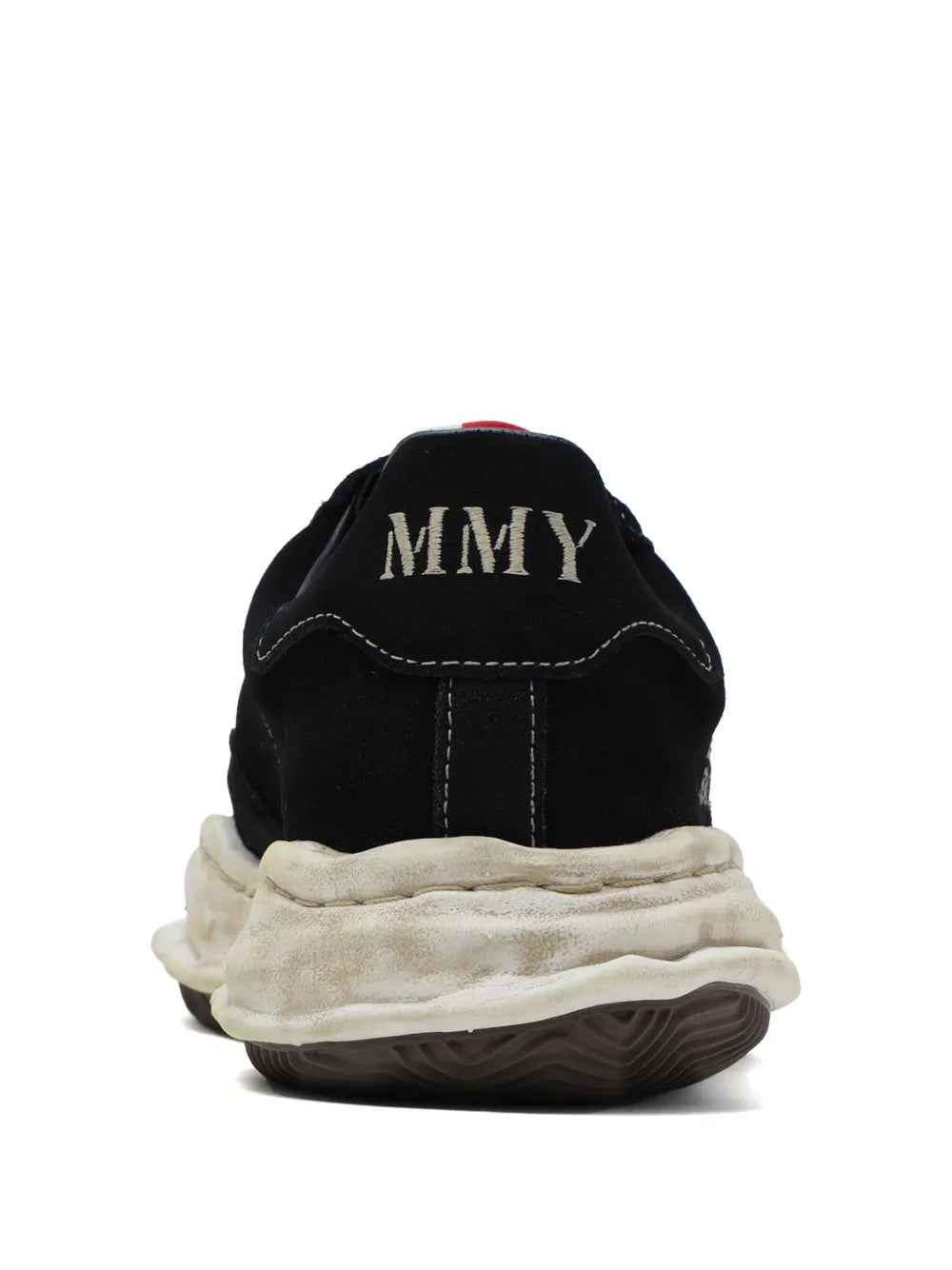 Black lace-up sneakers with “MMY” logo on heel and white midsole