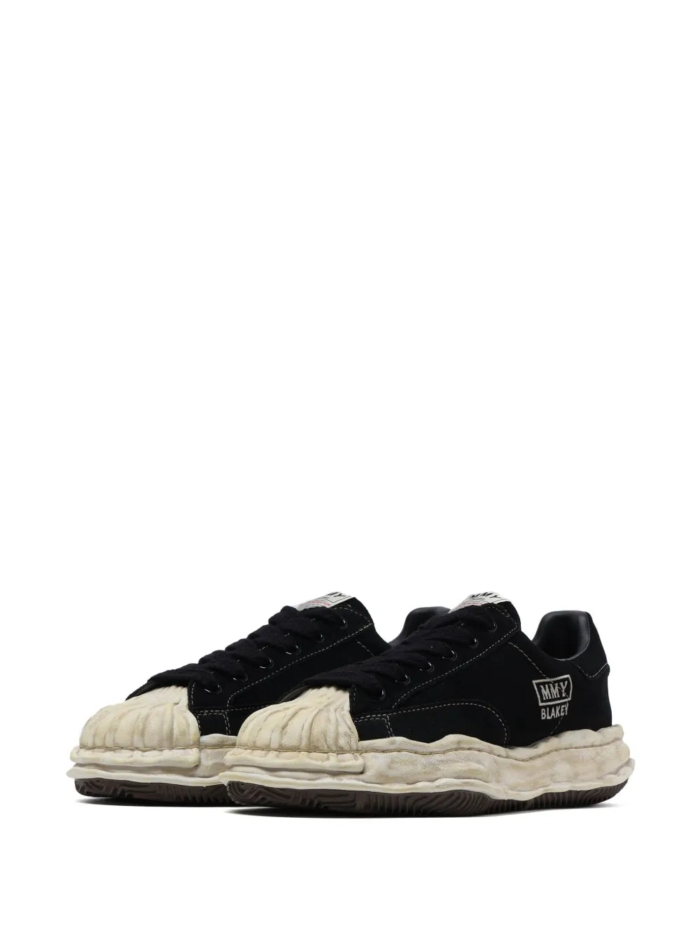 Black lace-up low sneakers with oversized white sole and side logo detail
