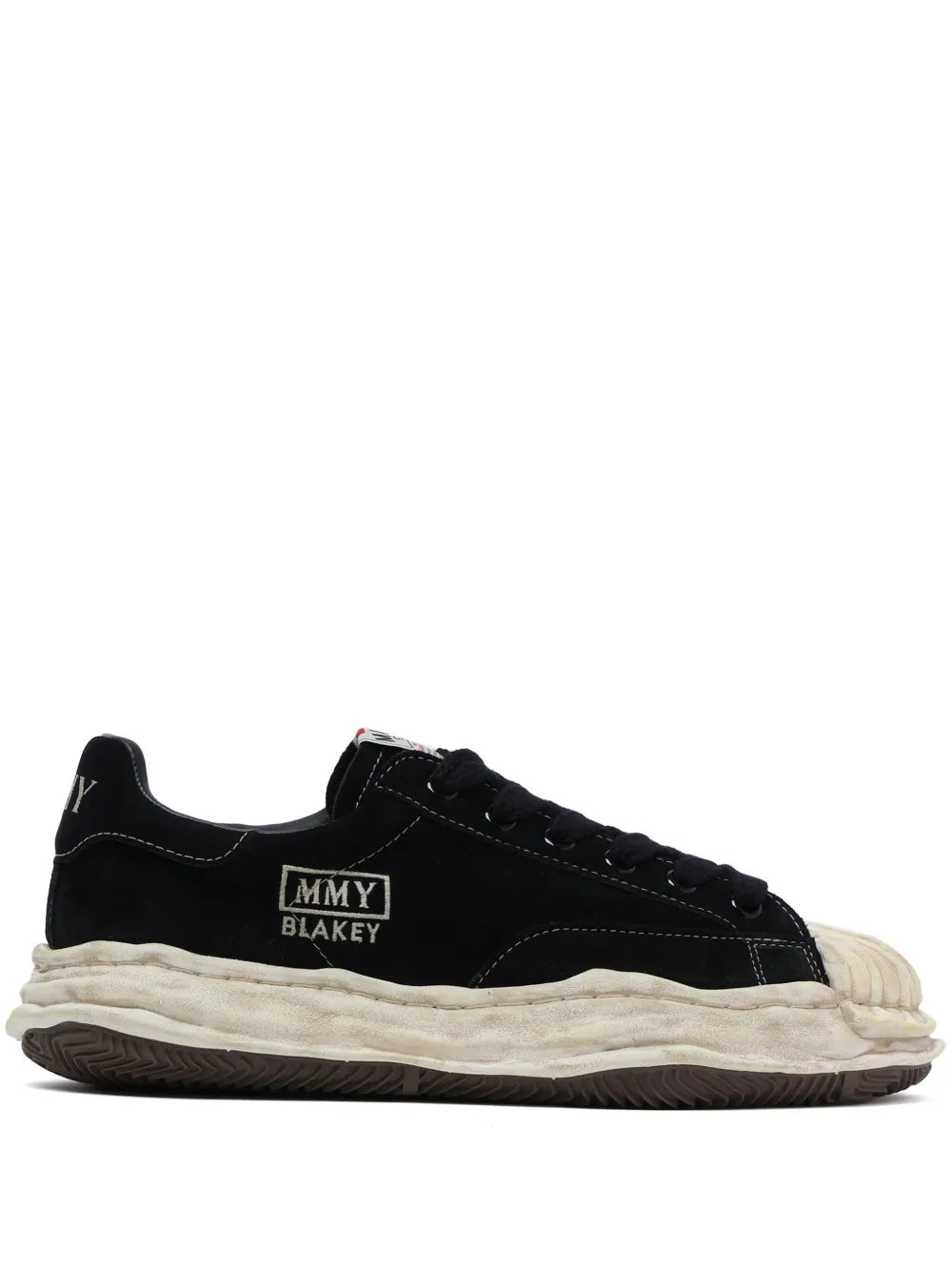 Black lace-up sneakers with white rubber sole and “MMY BL AKEY” logo patch