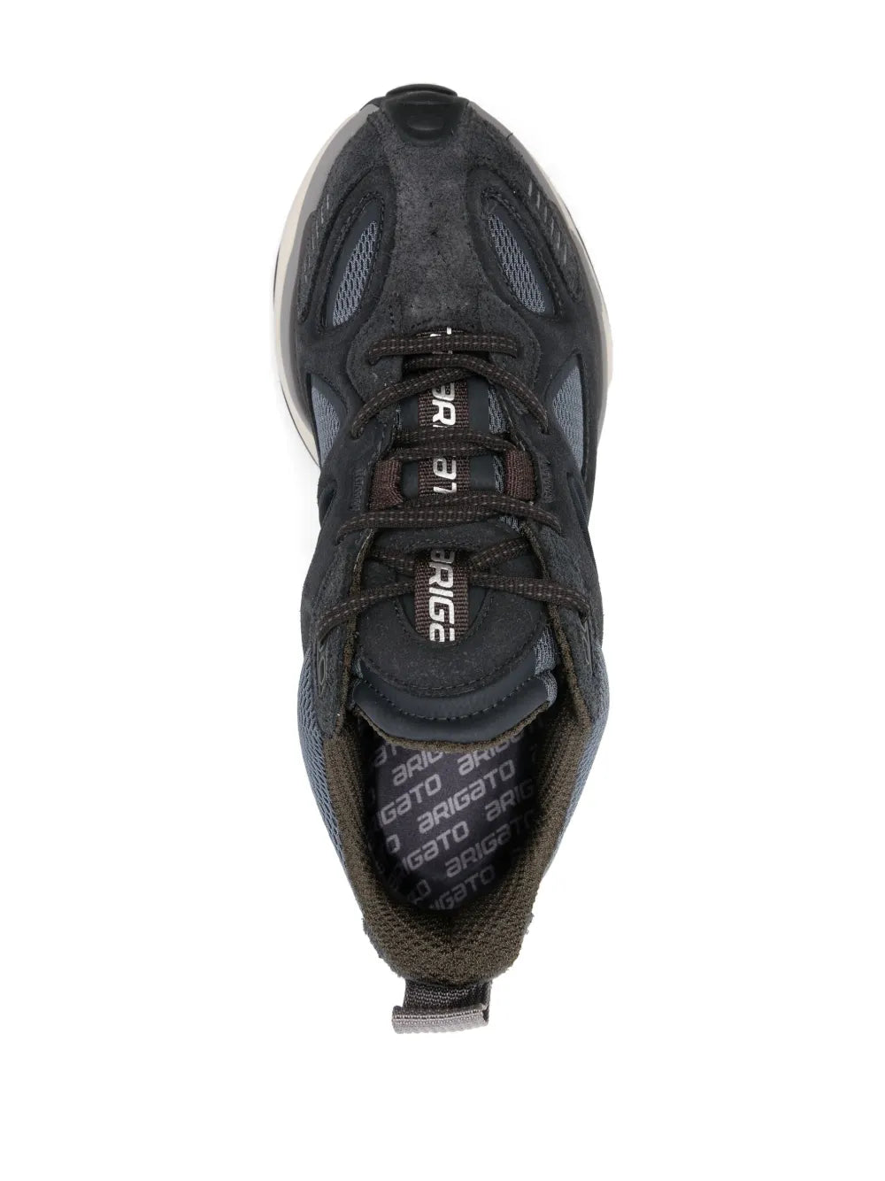 Axel Arigato Satellite Runner shoe, dark blue-gray interior with laces and branded tongue label