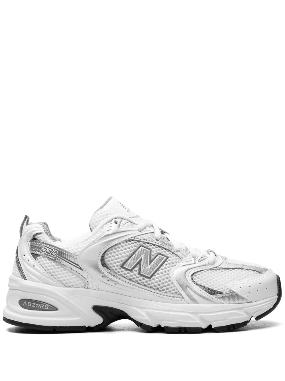 New Balance 530 white and silver metallic sneakers, side view with N logo