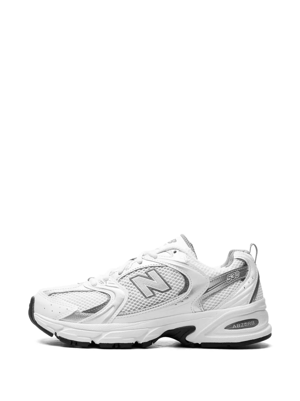 New Balance 530 white sneakers with N logo, side profile