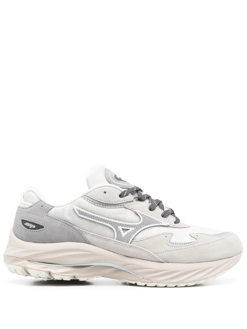 Mizuno Wave Rider sneakers in heather grey and white, lace-up, cushioned sole