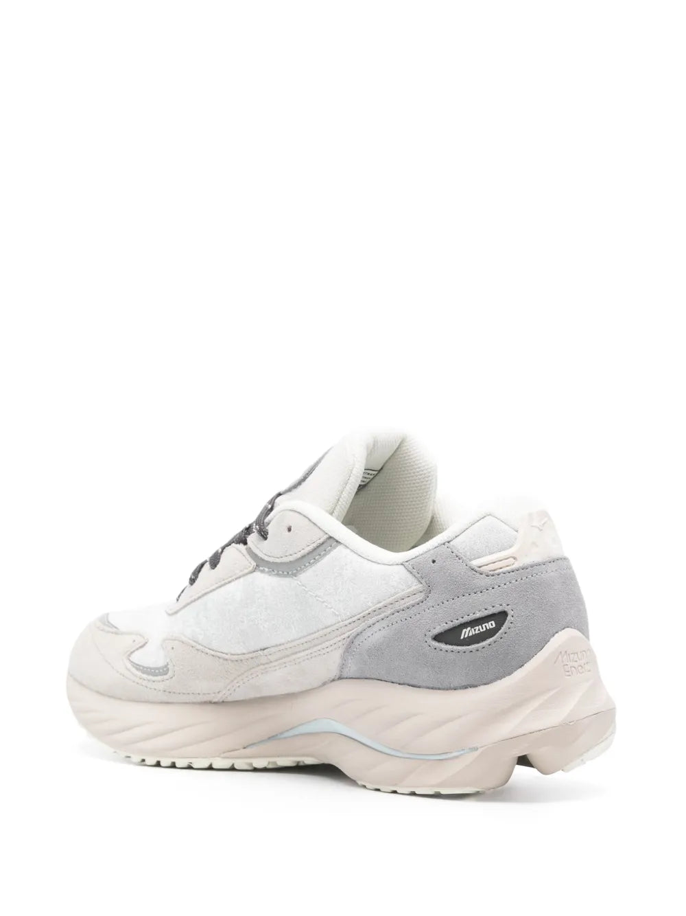Mizuno Wave Rider sneakers, heel and side view, grey panels with foam sole