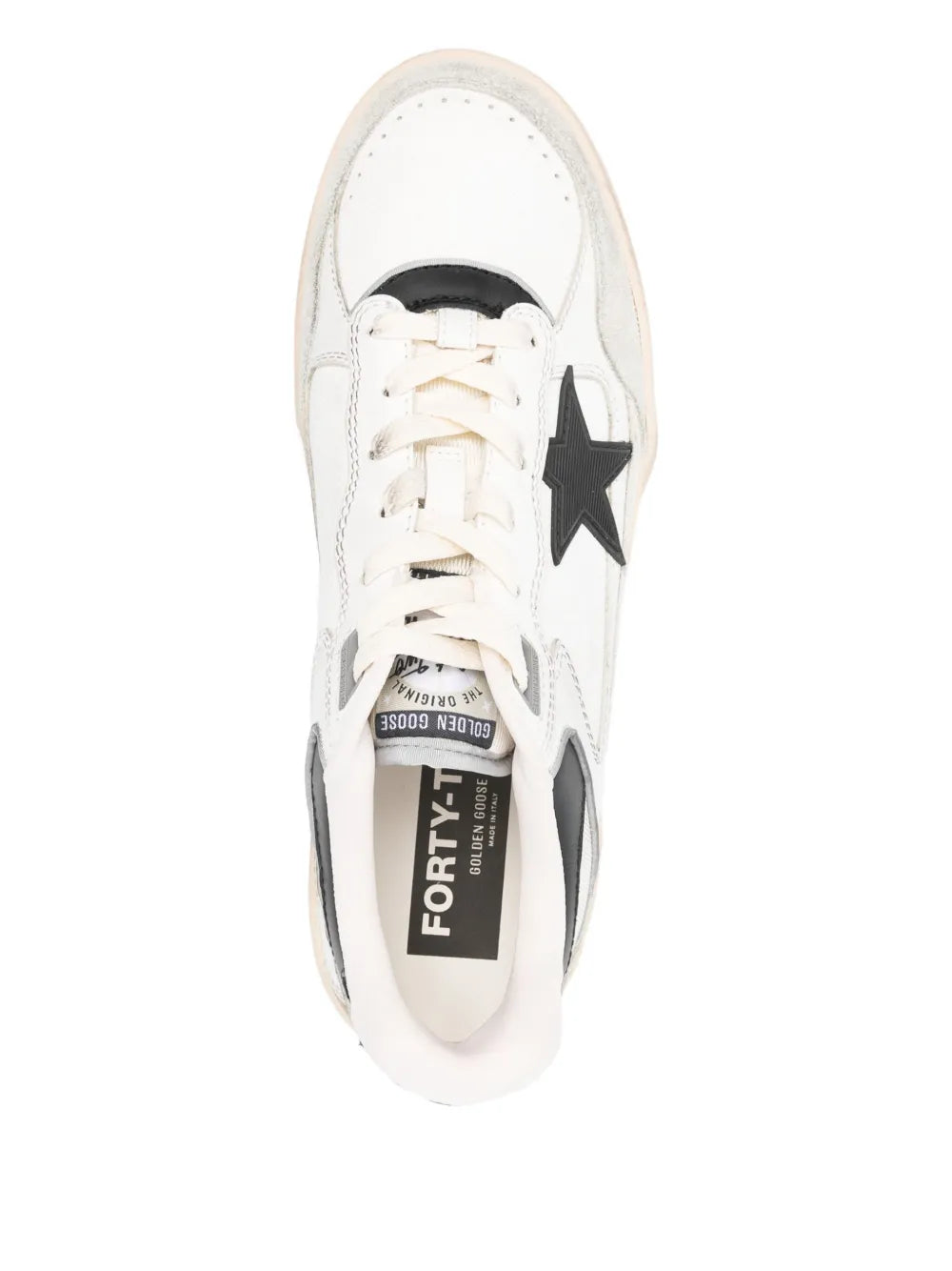 Golden Goose Forty2 leather sneakers, white lace-up with black star detail, top view