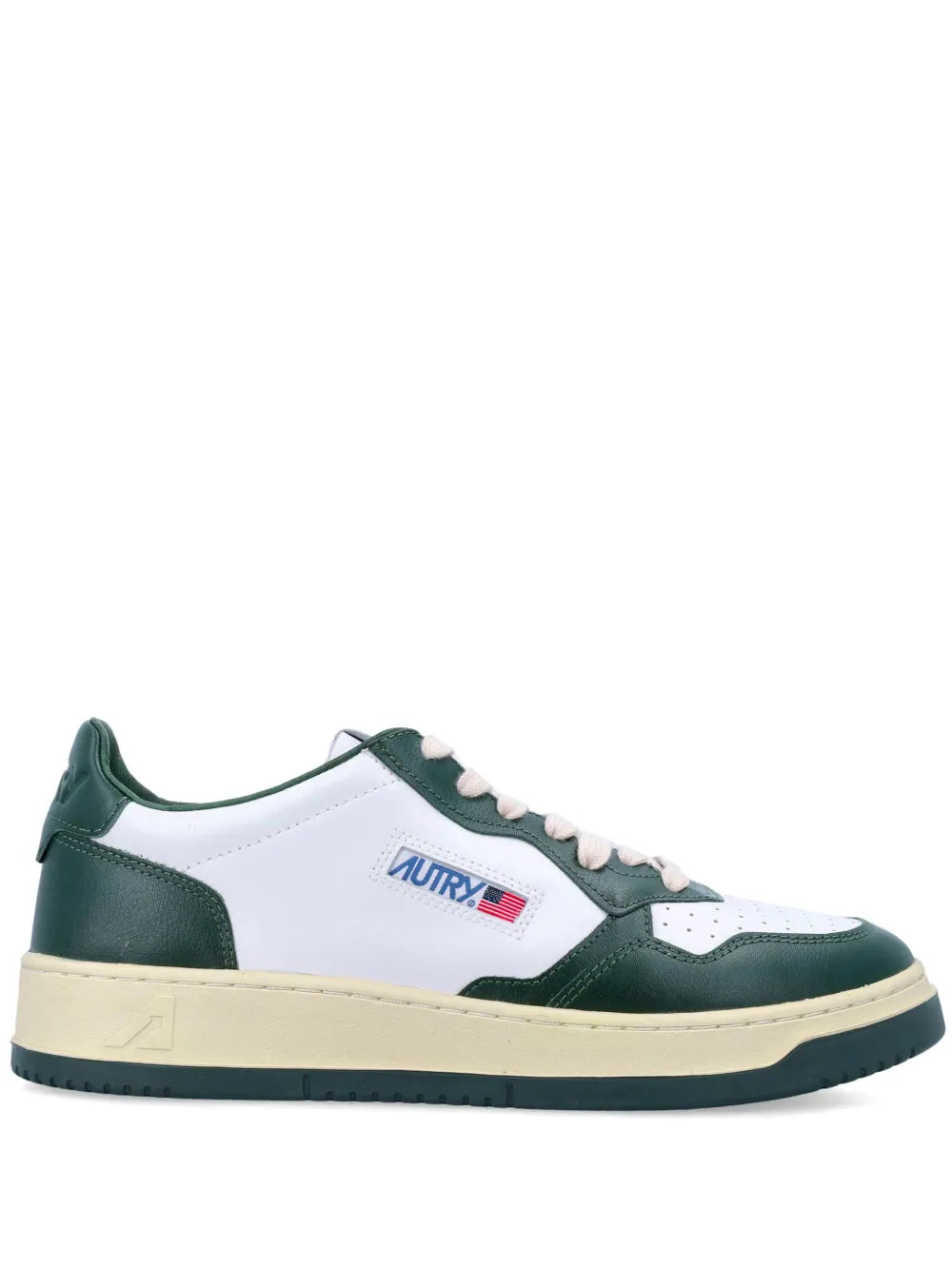 Low-top lace-up sneakers with white leather panels and dark green suede accents