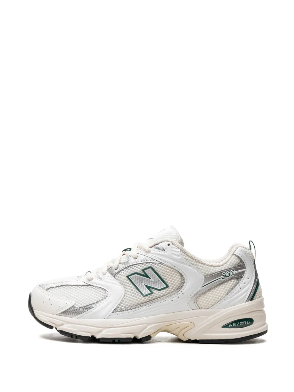 New Balance 530 off-white sneakers with green accents and padded collar