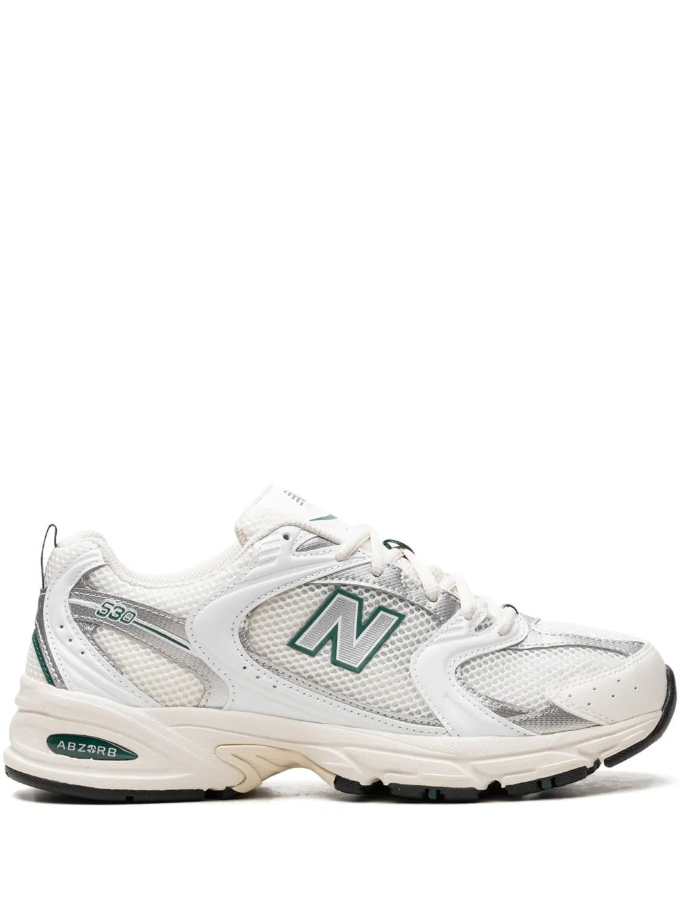 New Balance 530 off-white sneakers with green N logo and lace-up upper