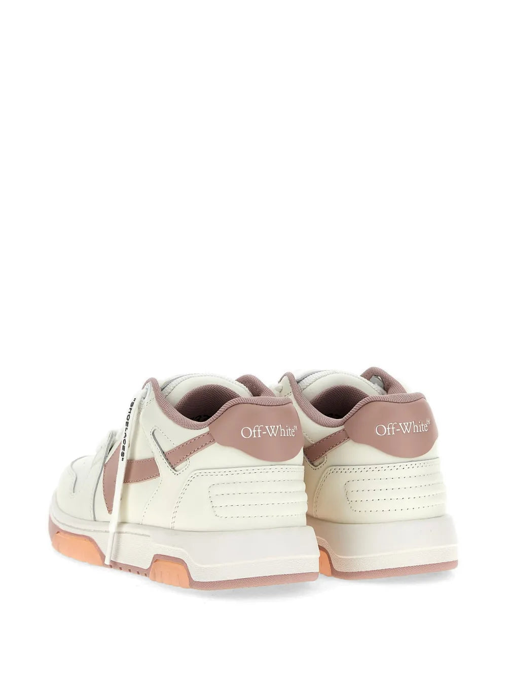 Off-White sneakers heel view, white upper with mauve trim and Off-White branding