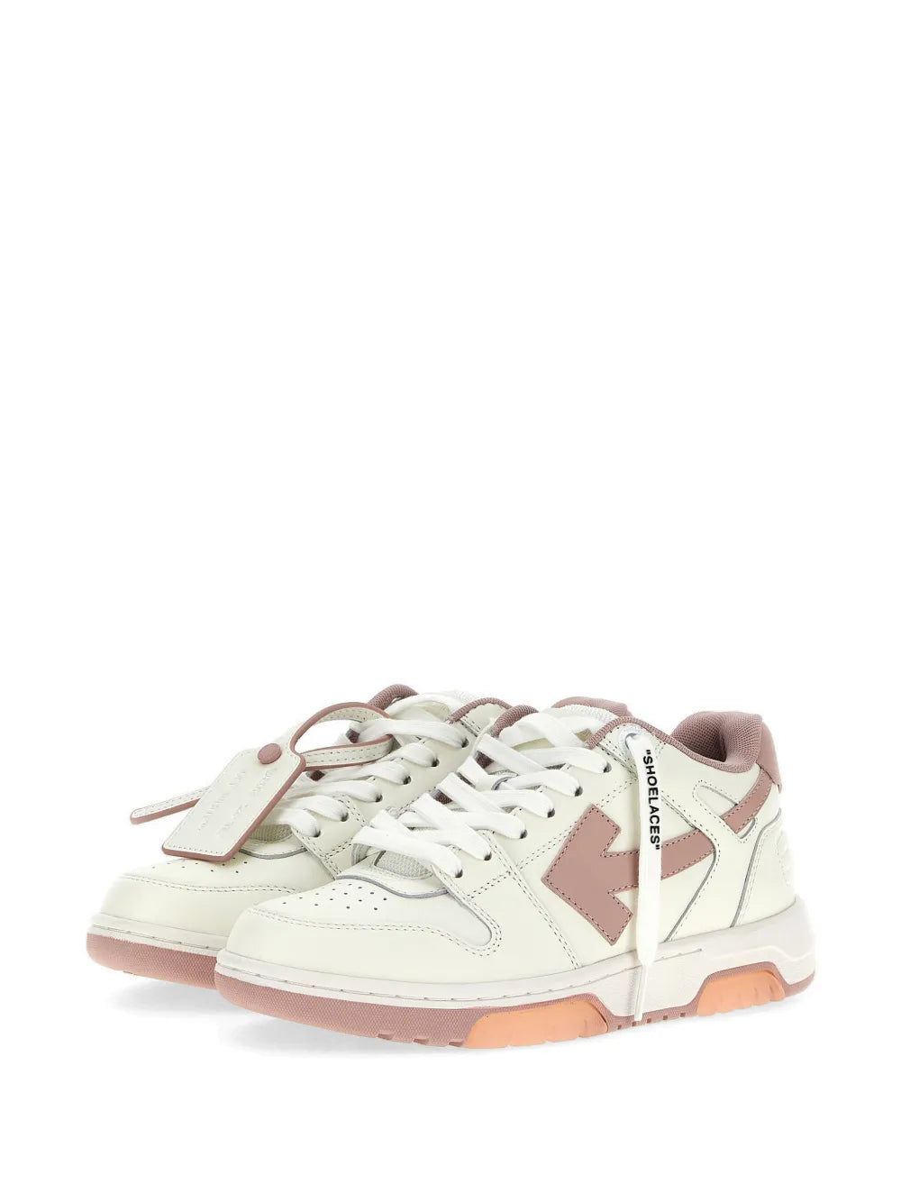 Off-White low-top sneakers front angle, white with mauve panels and lace-up eyelets