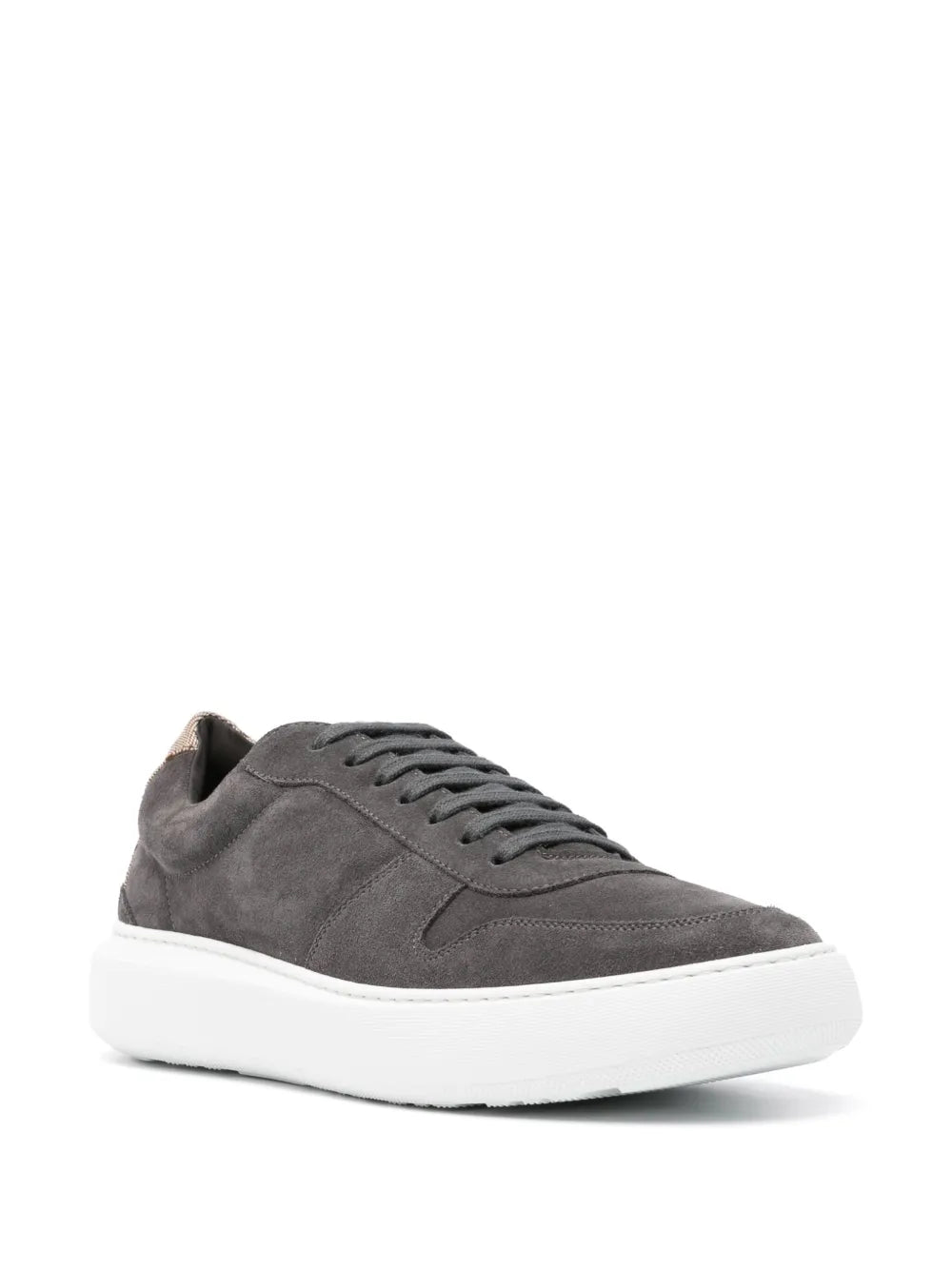Anthracite grey suede low-top sneakers with stitched side panels and white sole