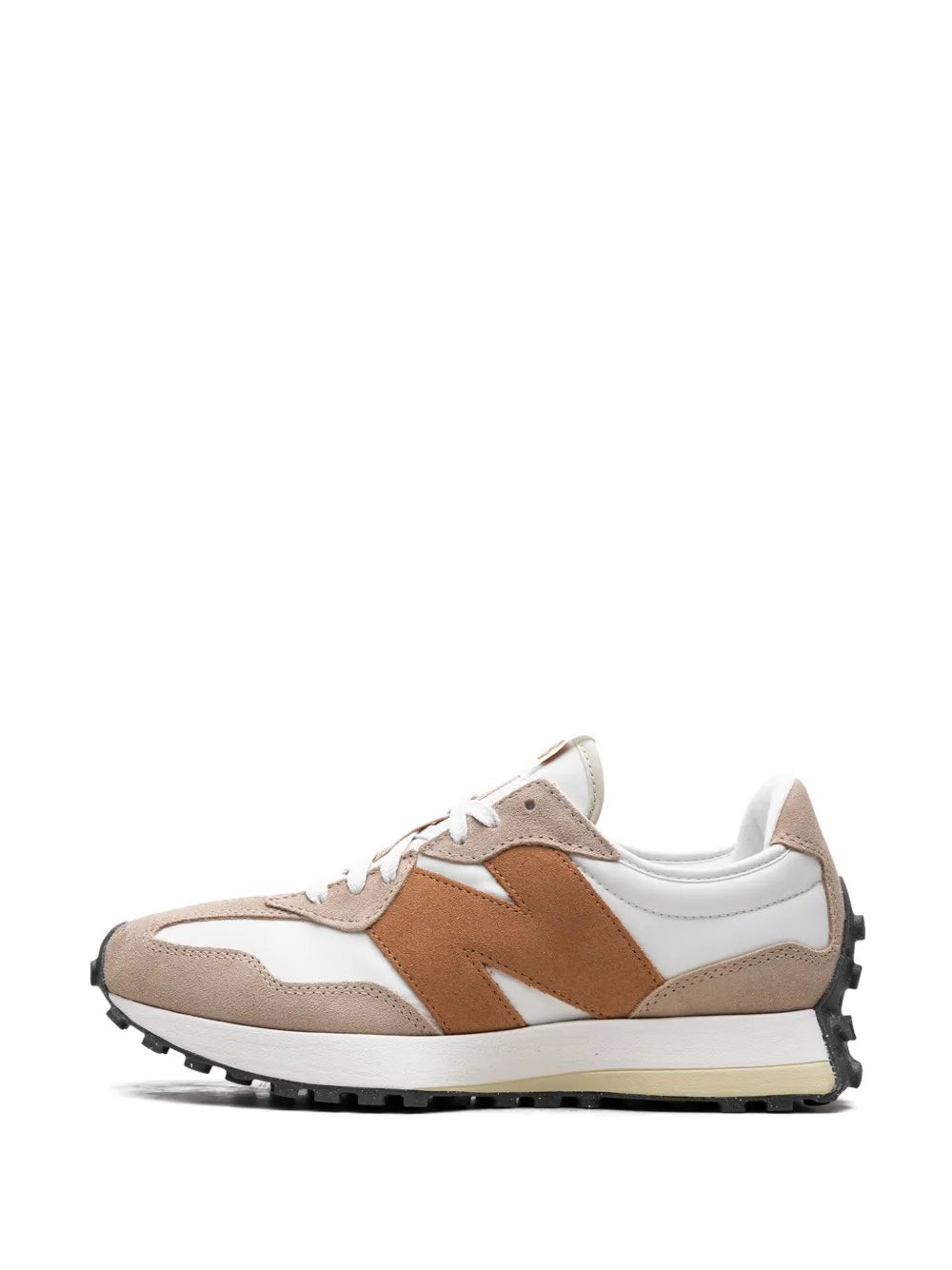 New Balance 327 low-top sneakers with white base and tobacco brown swoosh-style accents