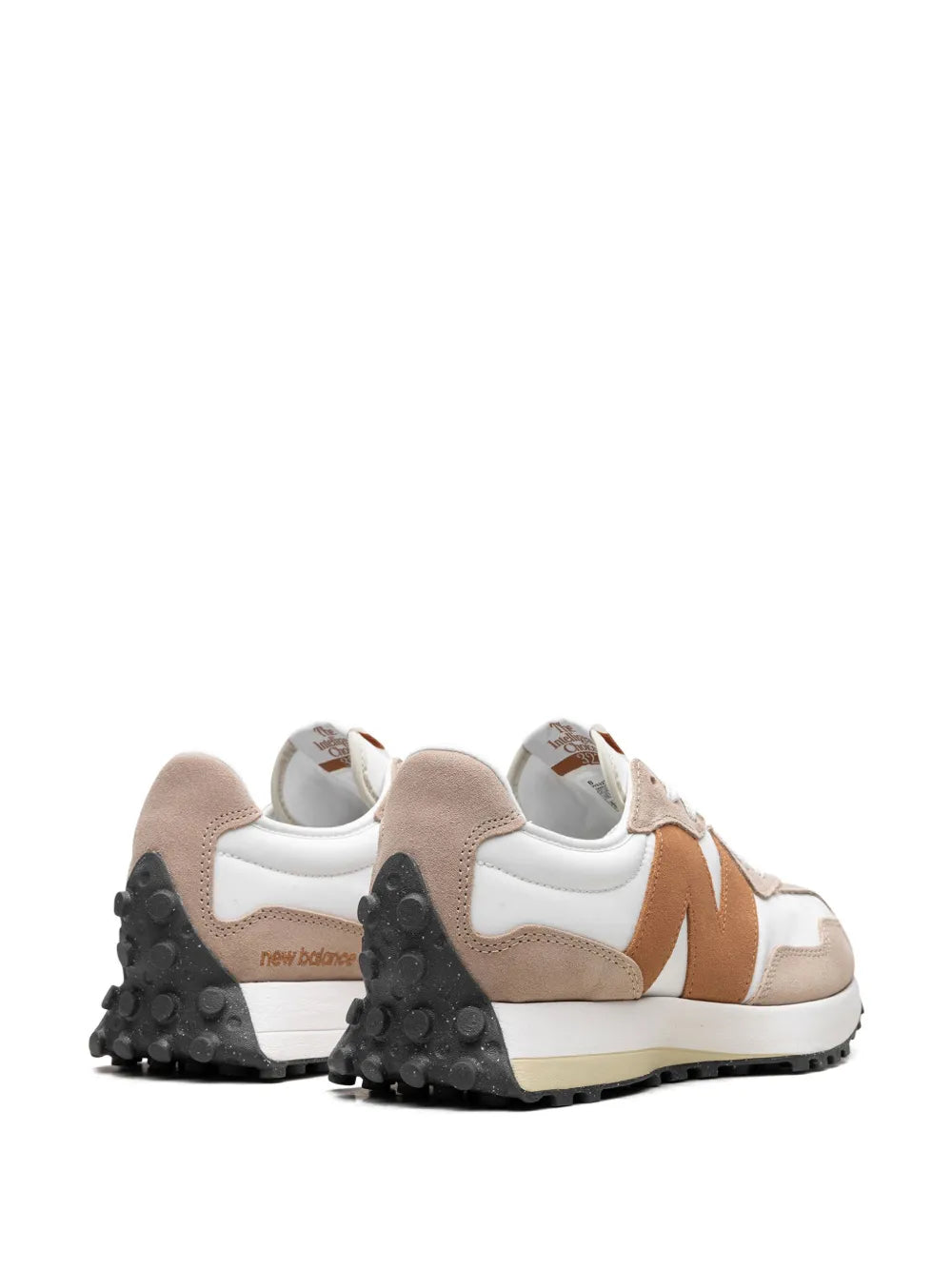 New Balance 327 sneakers shown from back, white and tobacco brown upper, black heel tread