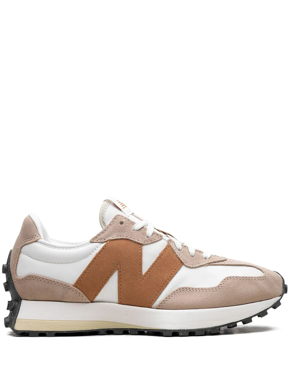 New Balance 327 sneakers in white and tobacco brown with white laces and black sole
