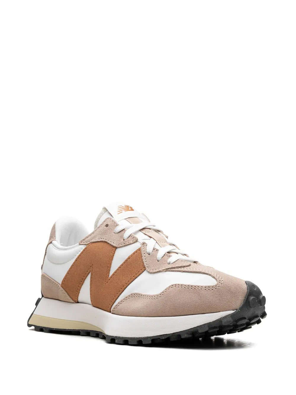 New Balance 327 shoe with side profile, white upper, tobacco brown panels, black outsole