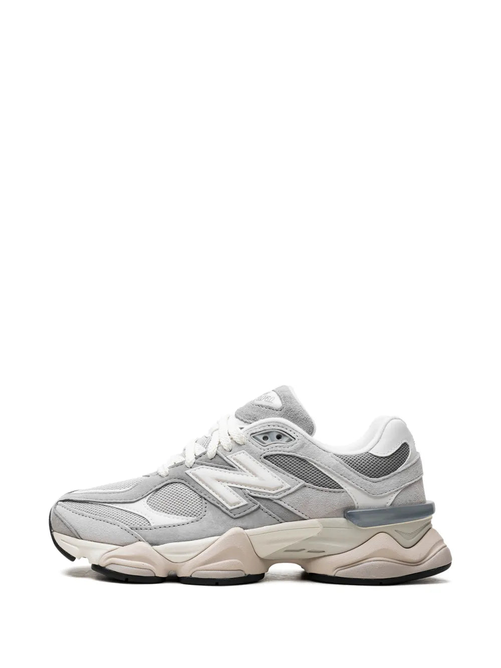 Grey New Balance sneakers side view with N logo, lace-up upper, and thick sole