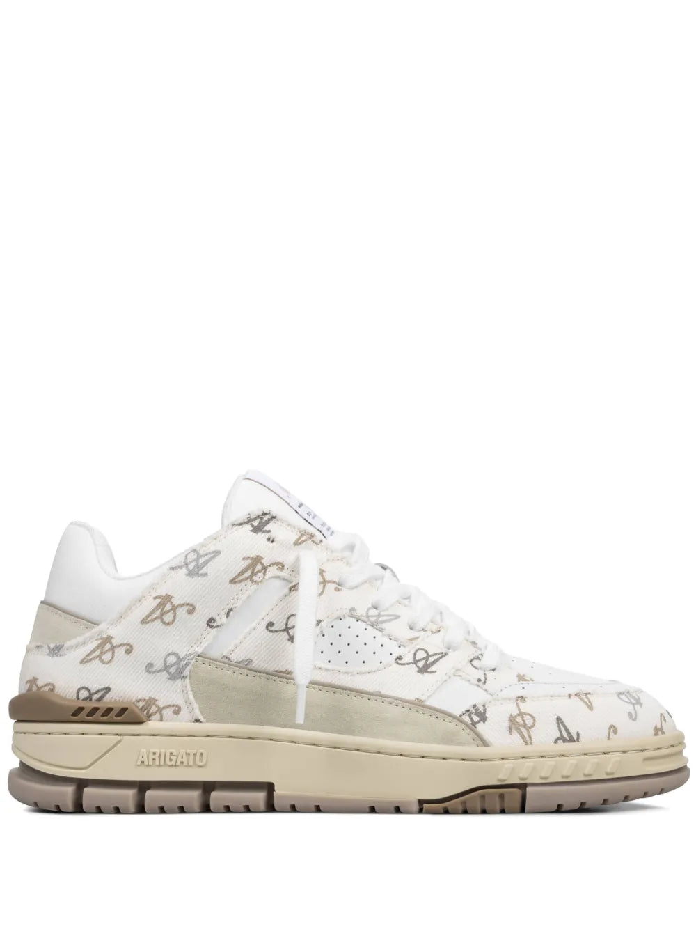Axel Arigato monogram low-top sneakers, beige and white, lace-up design.