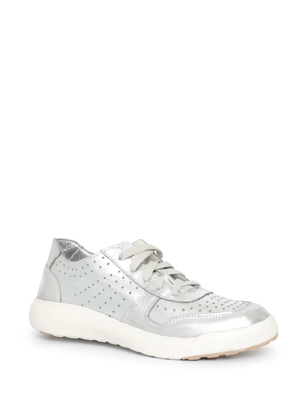 Metallic silver low-top sneakers with lace-up front and side perforations