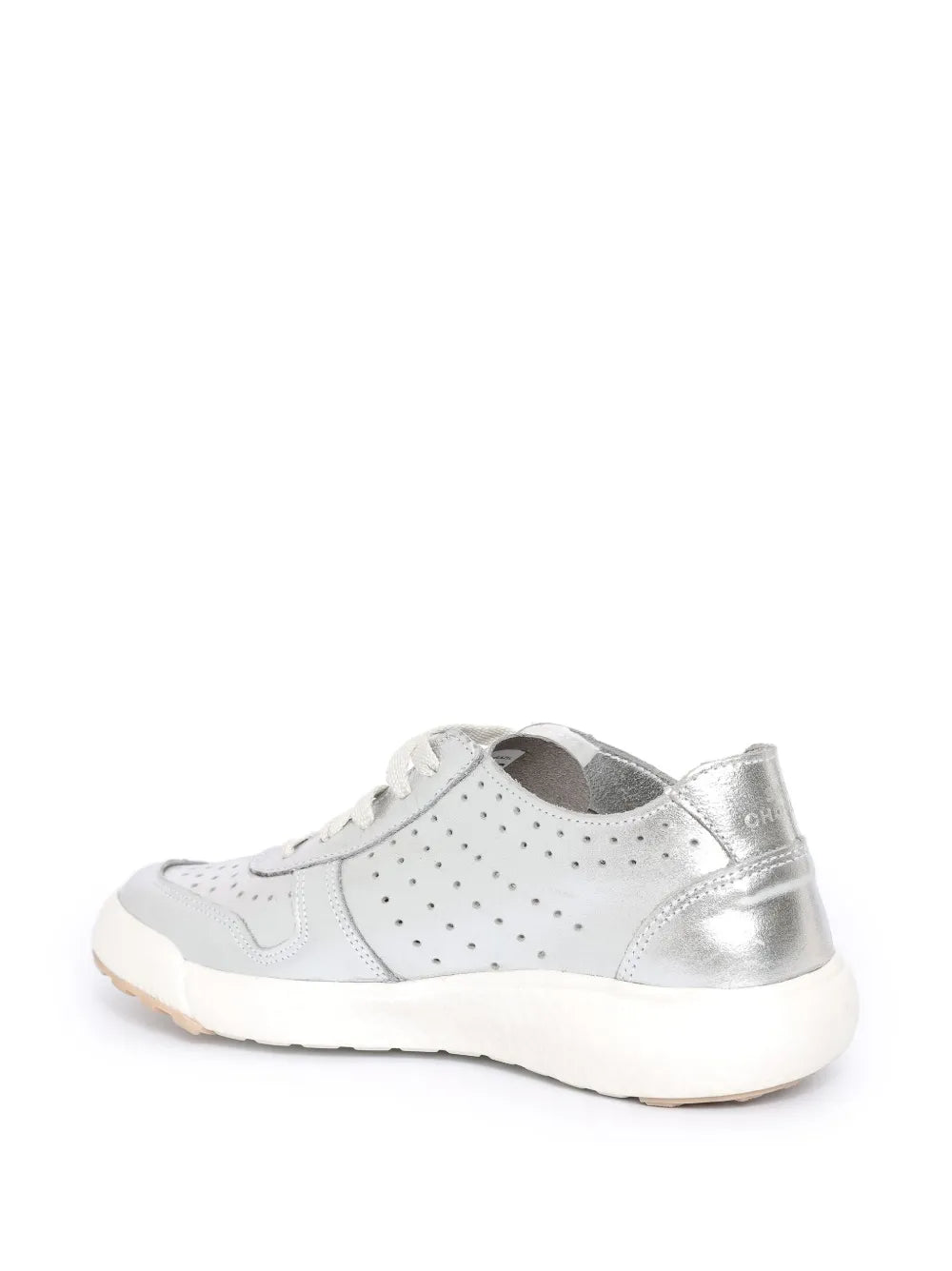 Silver low-top sneakers with perforated toe and lace-up, padded collar