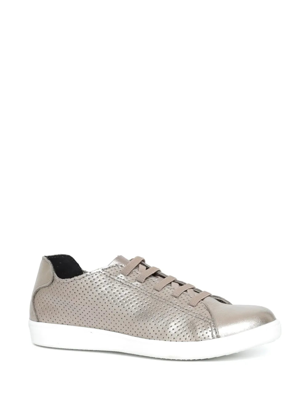 Silver metallic lace-up trainers with perforated upper and black lining, side view