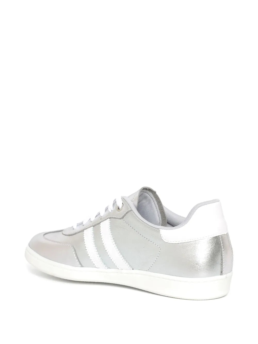 White and metallic silver low-top sneakers, back three-quarter view
