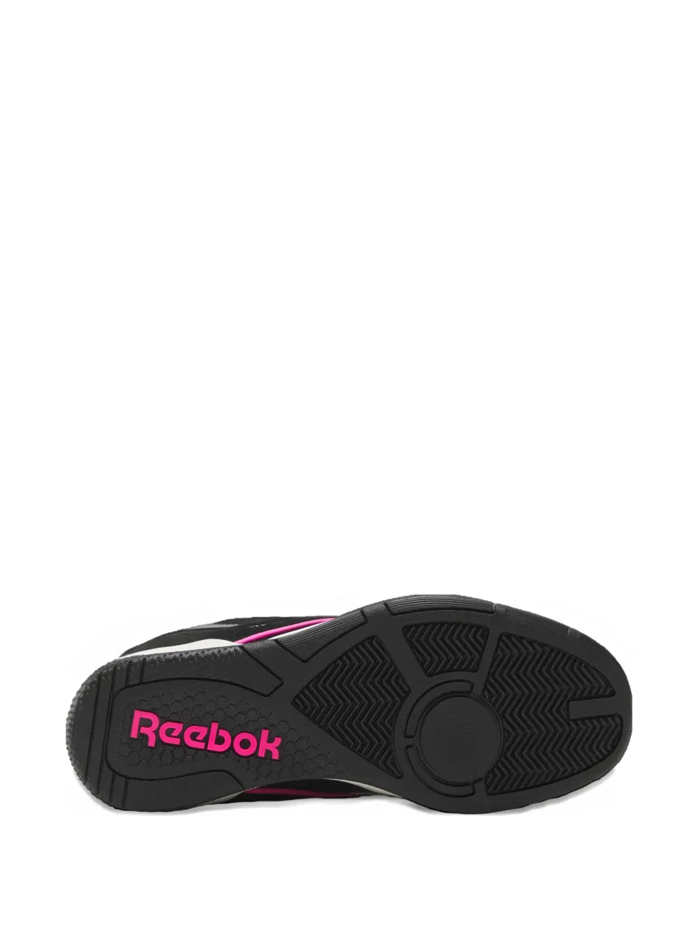 Black rubber outsole with Reebok logo and pink detailing; tread pattern visible.
