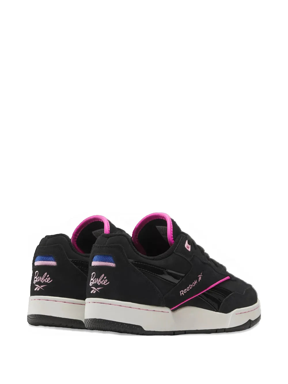 Black lace-up sneaker pair with pink trim and Barbie logo on heel; white midsole.