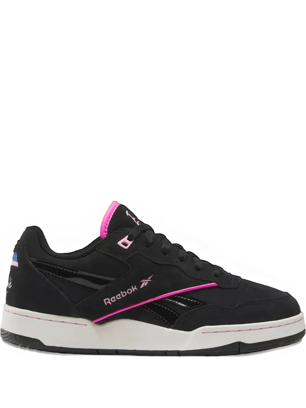Black lace-up sneaker with pink trim and Reebok logo on side; white sole.