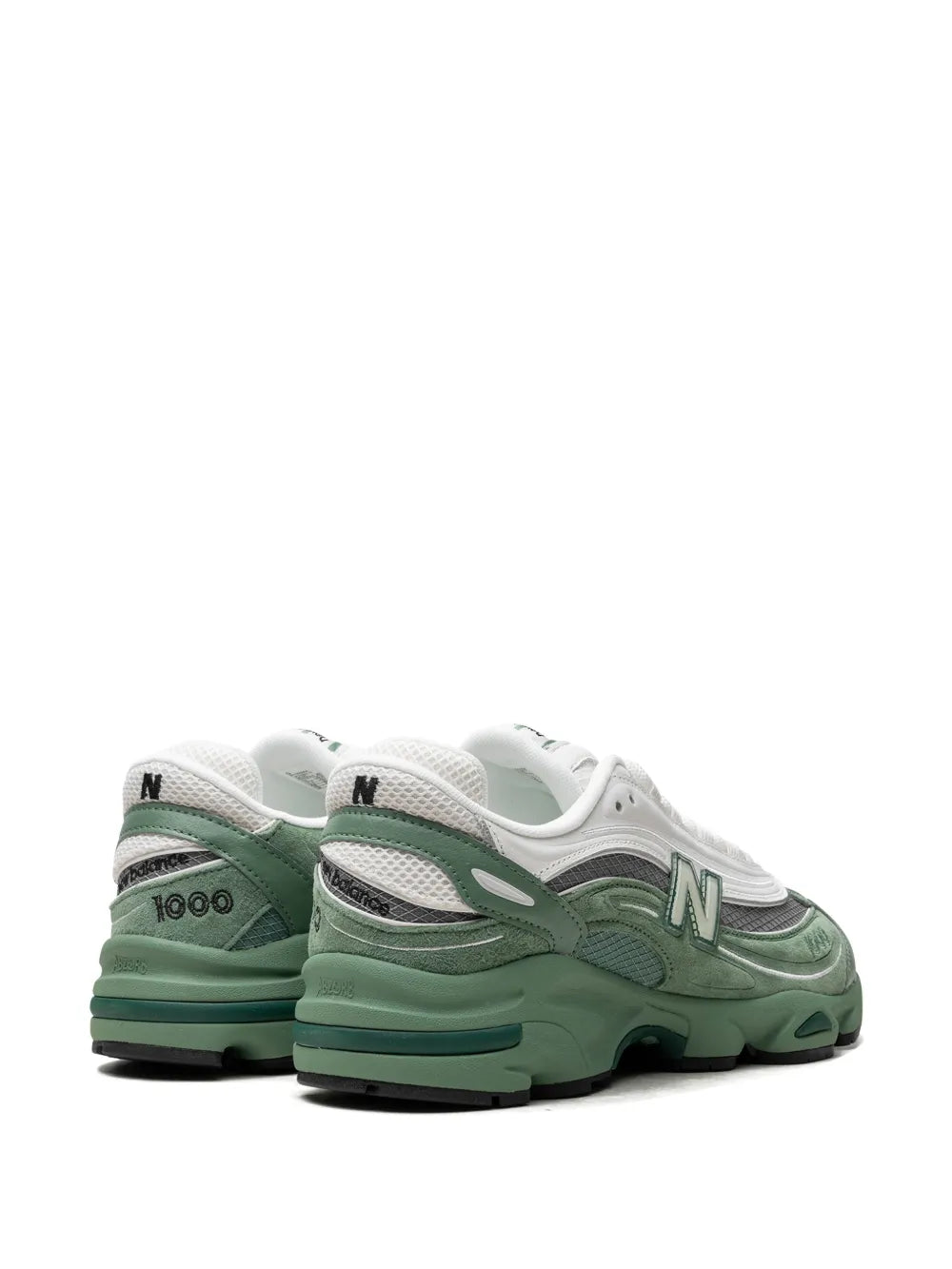 Green New Balance 1000 sneakers, heel and side view with N logo