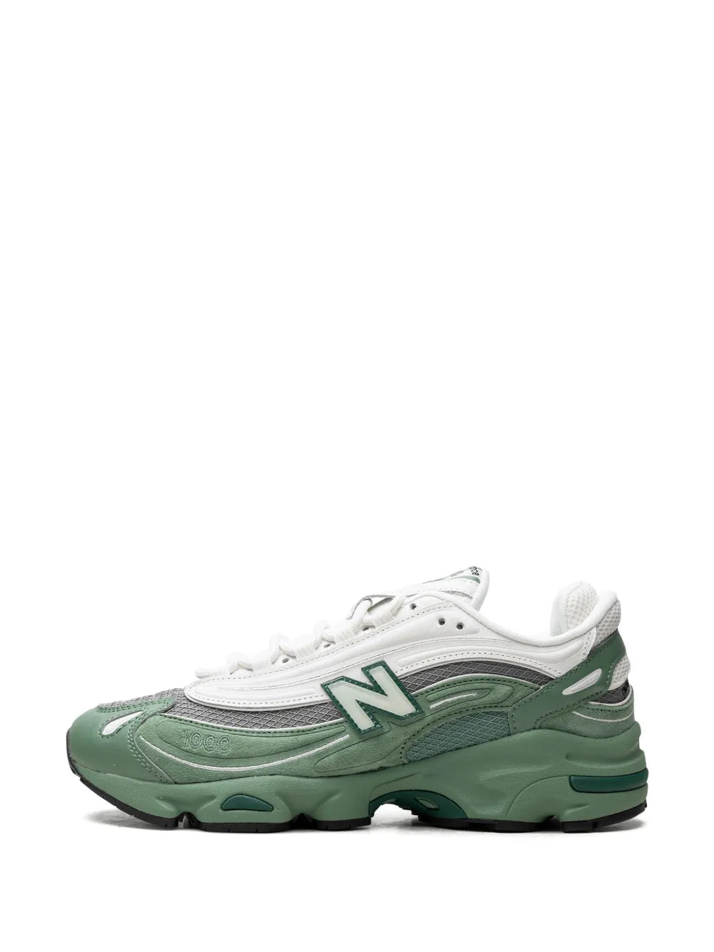 Green and white New Balance 1000 sneakers, front side view with N logo