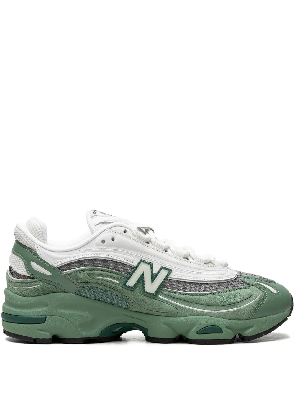 Green and white New Balance 1000 sneakers with N logo and chunky sole
