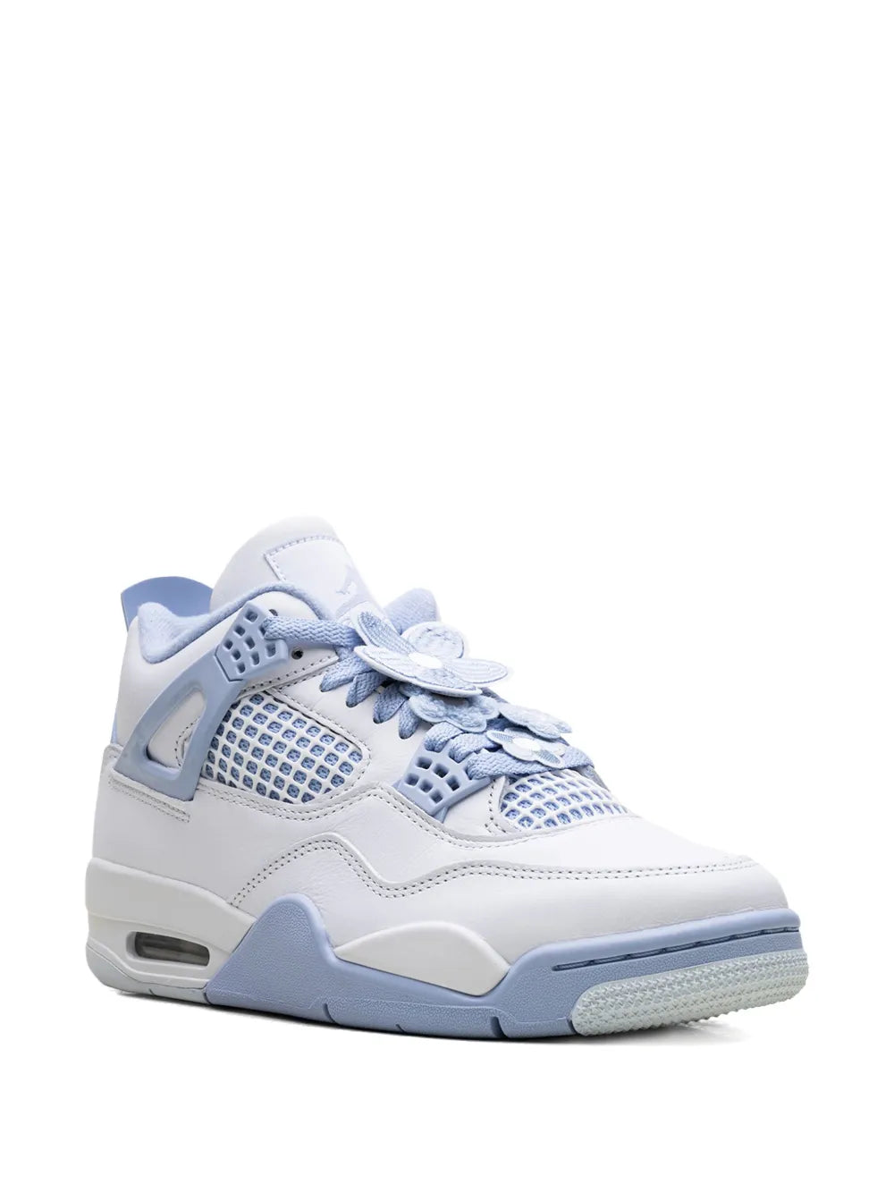 White lace-up sneaker with light blue mesh overlay and padded collar