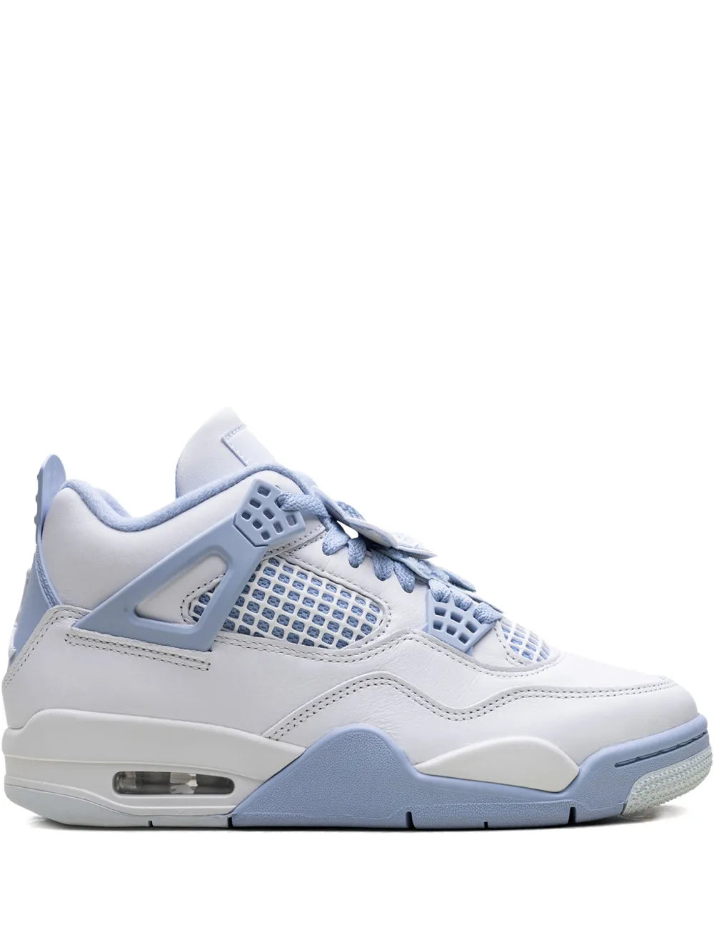 White and light blue lace-up sneaker with mesh side panels and Air window