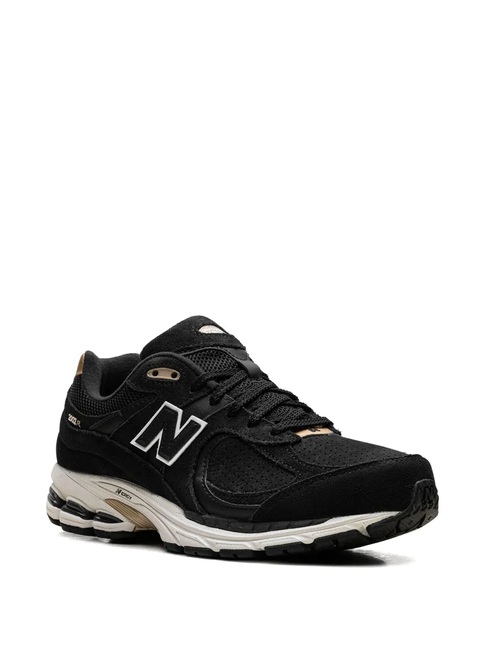 Black New Balance 2002R sneakers, side view with N branding and lace-up