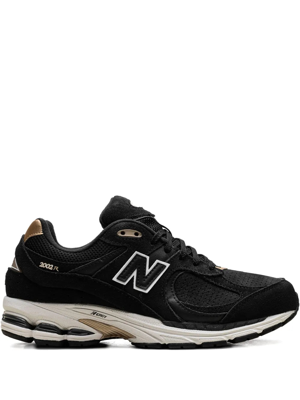 Black New Balance 2002R sneakers with silver N logo and cushioned midsole