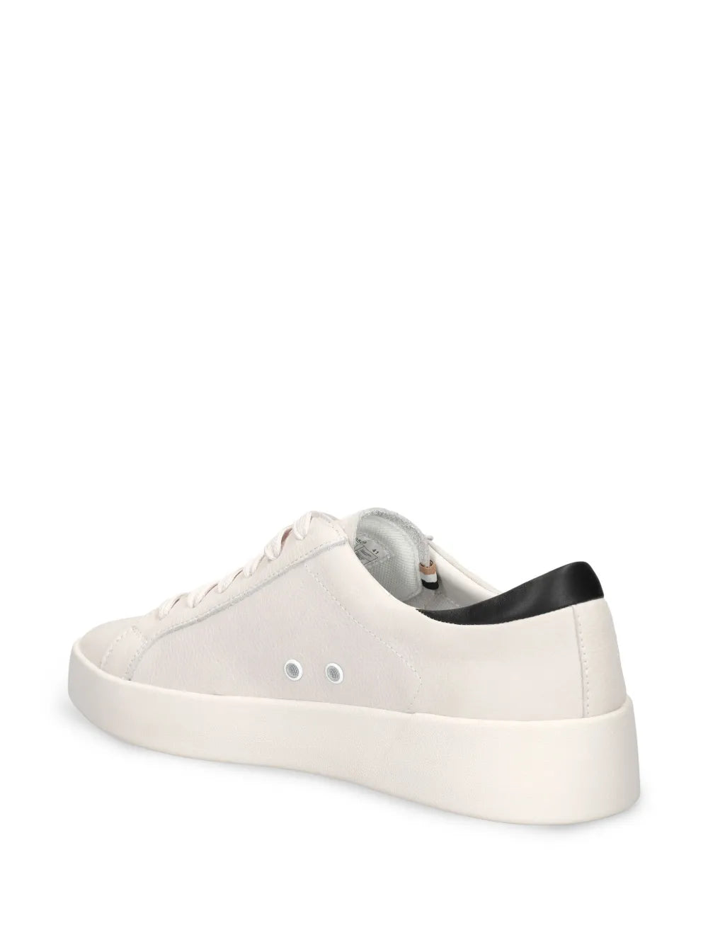 White sneakers with black heel lining, rear view and textured sole