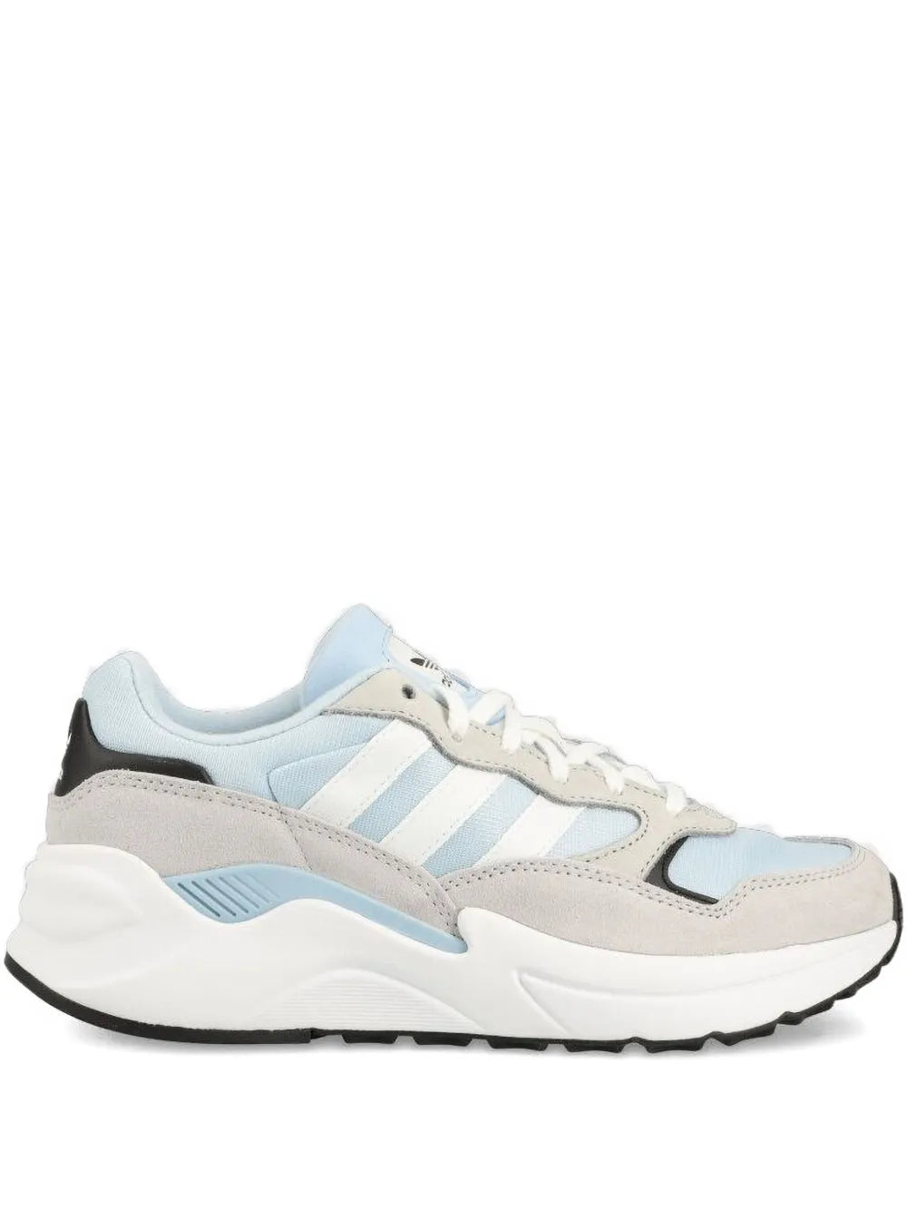 Light blue and beige lace-up sneakers with striped side panels and white outsole