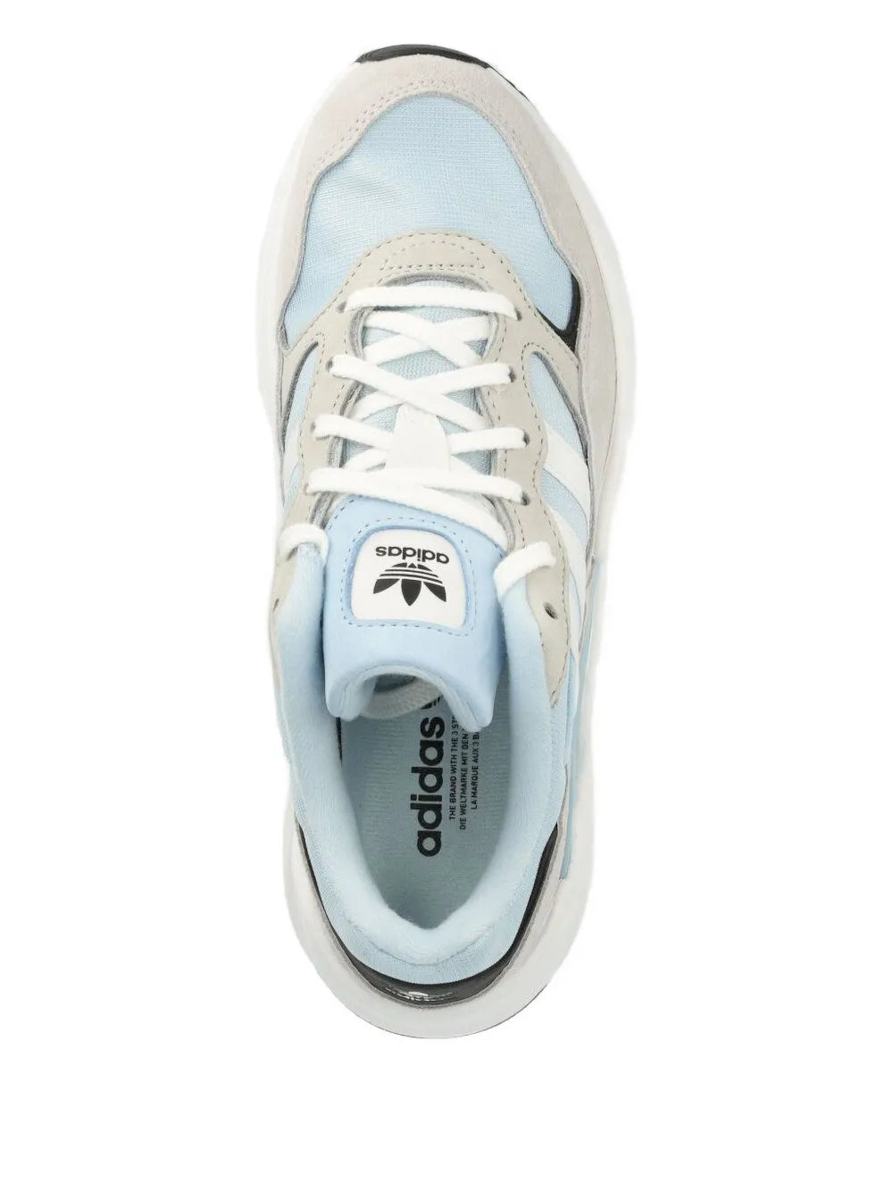 Light blue and beige front view lace-up sneakers with cushioned tongue and tongue logo