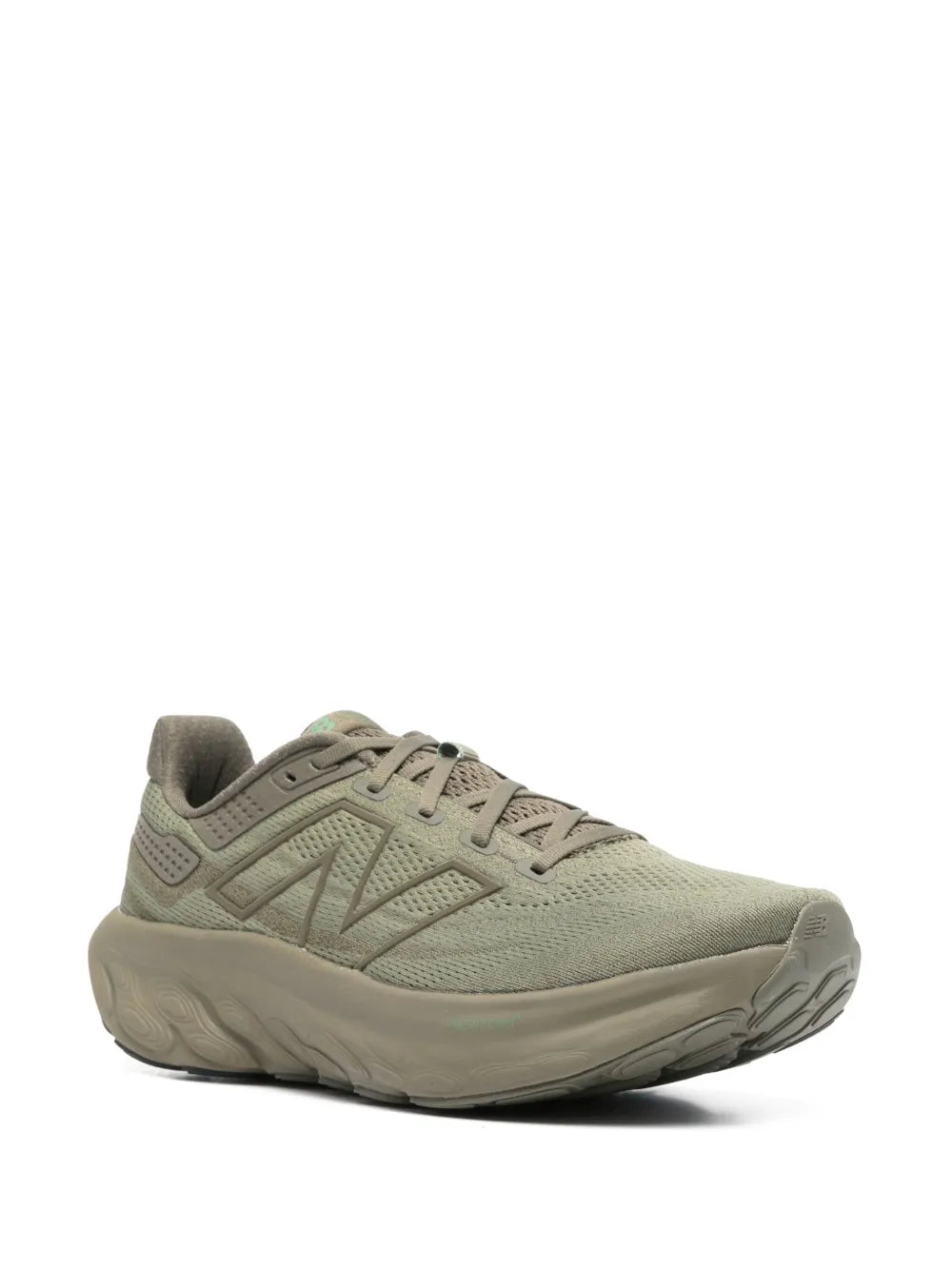 Khaki New Balance utility sneakers, side view with Fresh Foam-style cushioning midsole