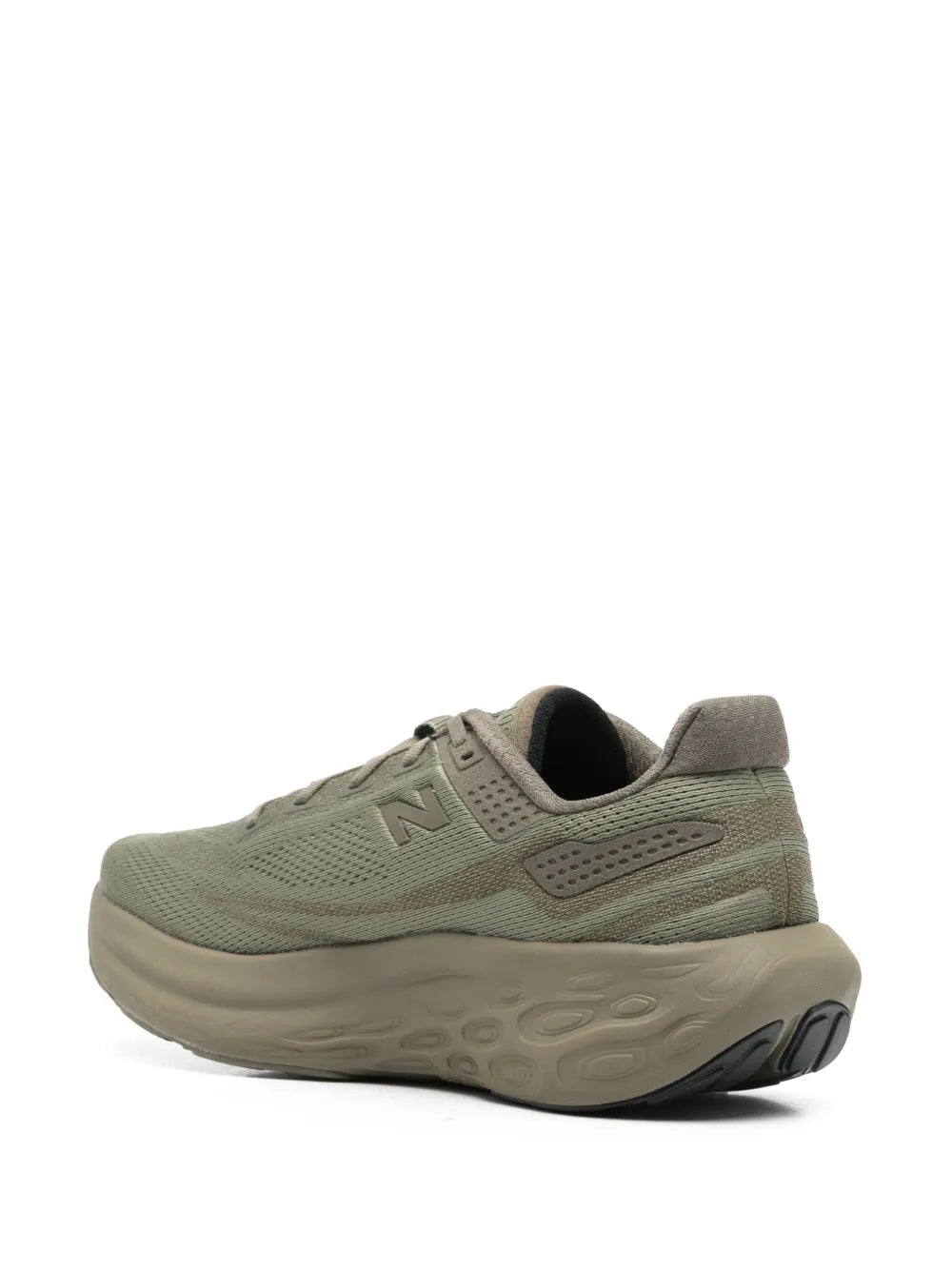 Khaki New Balance utility sneakers, heel and side view with cushioned sole